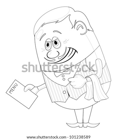 Waiter, cartoon character, man in uniform with menu, isolated over a white background, contour. Vector