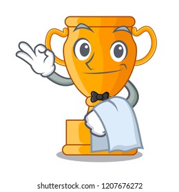 Waiter champion golden trophy on cartoon table
