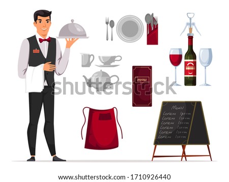 Waiter character with service and serving accessories set. Plate, fork and spoon, menu on blackboard and in list, uncorked wine bottle with corkscrew, glassware, ceramic tea-set. Vector illustration