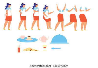 Waiter Character in Uniform Set for Animation with Various Views, Positions and Gestures Flat Cartoon Vector Illustration. Different Food, Drink such Pizza, Wine, Tray, Teapot, Spoon.
