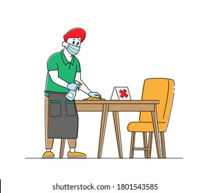 Waiter Character Wear Protective Face Mask and Gloves Disinfecting Tables at Cafe or Restaurant. Hospitality Service at Coronavirus Pandemic, Health Care, Virus Protection. Linear Vector Illustration