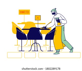 Waiter Character Wear Protective Face Mask And Gloves Disinfecting Tables At Cafe Or Restaurant. Hospitality Service At Coronavirus Pandemic, Health Care, Virus Protection. Linear Vector Illustration