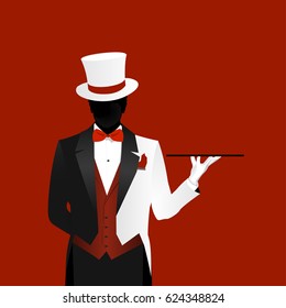 A waiter in a chic suit, a top hat on the head, one hand behind his back, a red background