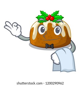 Waiter christmas pudding on dinning table cartoon