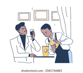 Waiter with client. Man pours hot drink into mug for visitor. Cafe or restaurant with coffee or tea. Catering service occupation. Cafeteria worker with client. Linear vector illustration