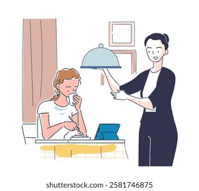 Waiter with client. Woman with dish near young girl. Cafe or restaurant with coffee or tea. Graphic element for website. Cafeteria worker with client. Linear vector illustration