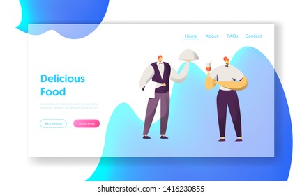 Waiter with Cloche and Towel and Barman with Cocktail Glass Serve Guests in Cafe or Restaurant. Serving Staff, Hospitality Website Landing Page, Web Page. Cartoon Flat Vector Illustration, Banner