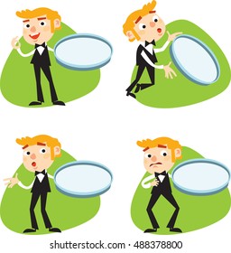 Waiter. Clumsy cartoon waiter in black suit holding stainless round tray. Smiling, worry about, surprised, falling waiter. On green background. Isolated.