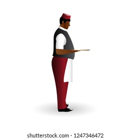 Waiter color flat icon standing sideways with a dish tray in hand isolated on white background