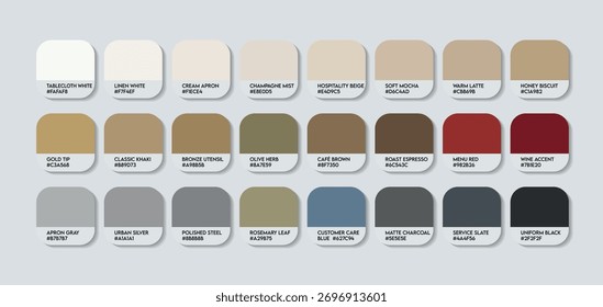 Paleta de cores de garçom - Guia de amostra de cor temática de amostra de catálogo de garçonete com códigos HEX. Shades Inspiradores para Aventuras de Garçonete. profissional garçom garçonete paleta cores Branding e design