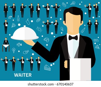 Waiter concept background. Flat icons.