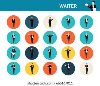 Waiter concept flat icons. 