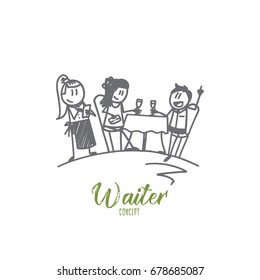 Waiter concept. Hand drawn smiling female waiter in apron writing order near clients. Waitress guests at a table in a cafe isolated vector illustration.