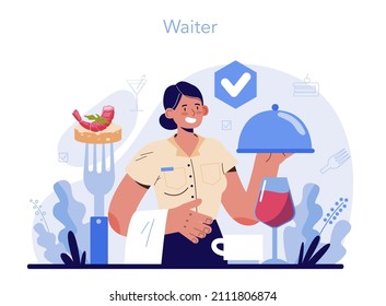 Waiter Concept. Restaurant Staff In The Uniform, Catering Service. Order Acceptance, Payment And Customer Service. Flat Vector Illustration