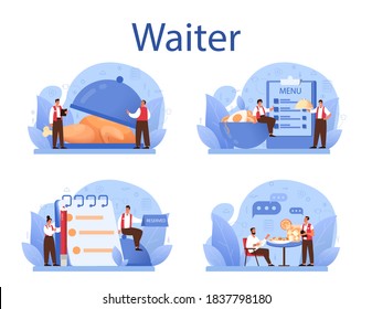 Waiter concept set. Restaurant staff in the uniform, catering service. Table setting and customer calculation, sharing tips. Isolated vector illustration in cartoon style