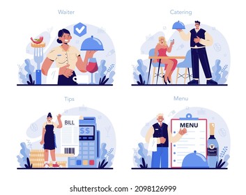 Waiter Concept Set. Restaurant Staff In The Uniform, Catering Service. Order Acceptance, Payment And Customer Service. Flat Vector Illustration