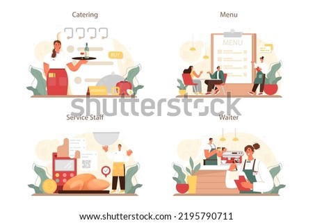 Waiter concept set. Restaurant staff in the uniform, catering service. Order acceptance, payment and customer service. Flat vector illustration