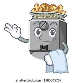 Waiter cooking french fries in deep fryer cartoon