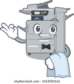 Waiter copier machine above mascot wood table