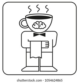 A waiter with a cup of coffee instead of a head. Vector illustration.