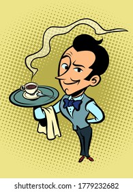 waiter with a Cup of coffee or tea. Comics caricature pop art retro illustration hand drawn