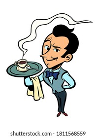 waiter with a Cup of coffee or tea. Comics caricature pop art retro illustration hand drawn