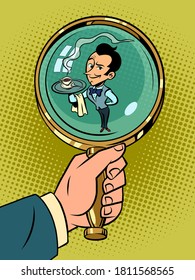 waiter with a Cup of coffee or tea, small business concept. Comics caricature pop art retro illustration hand drawn