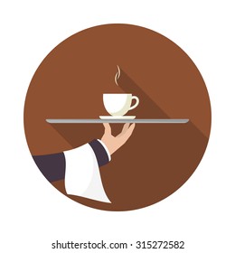 Waiter with cup of coffee and tray on outstretched arm. Icon with long shadow.  Simple flat vector. EPS 10.