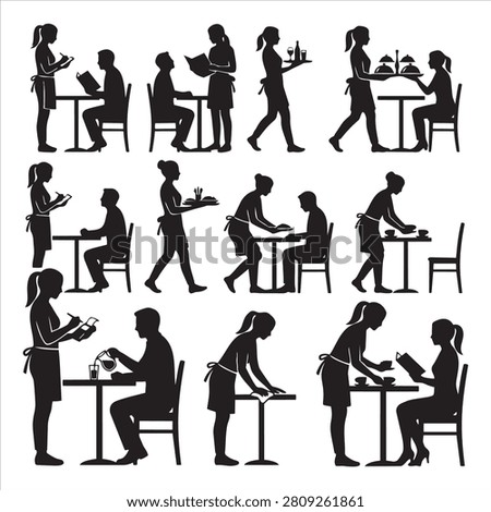 Waiter and customer silhouettes in a restaurant environment with restaurant customer silhouette waitress ordering hospitality lifestyle