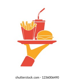 Waiter delivers the food silhouette. Service in cafe fast food, man with a tray. Fast food pictogram: hamburger, fries, soda. Vector illustration flat design.Takeaway food.