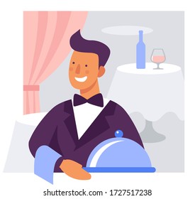 Waiter with a dish in a restaurant or cafe. Flat vector illustration