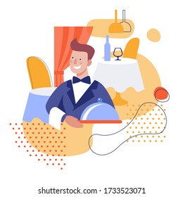 Waiter with a dish in a restaurant or cafe. Flat vector illustration