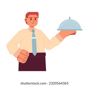 Waiter with dish semi flat colorful vector character. Editable half body caucasian cooking person on white. Simple cartoon spot illustration for web graphic design