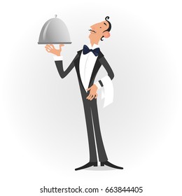 Waiter dressed in tuxedo serving a dish isolated over white. Vector illustration