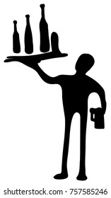 Waiter with drink bottles figure stencil black, vector illustration, horizontal, over white, isolated