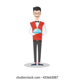 Waiter emotions icon mustached man with glasses in red vest holds a tray vector illustration