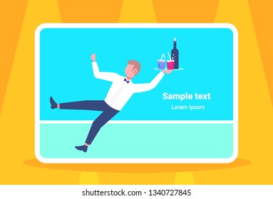 Waiter Falling With Tray Wine Glasses Elegant Man Restaurant Worker Service Staff Failure Accident Concept Flat Horizontal Full Length Copy Space