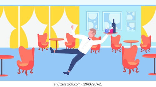 Waiter Falling With Tray Wine Glasses Elegant Man Service Staff Failure Accident Concept Modern Restaurant Interior Flat Horizontal Full Length