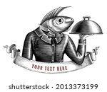 The waiter fish man logo hand draw vintage engraving style black and white clipart isolated on white background