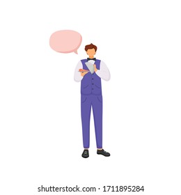 Carácter sin rostro vectorial de color plano del camarero. Hombre con bandeja de comida. El tipo con uniforme sirve comida. Persona con burbuja de voz ilustración de caricatura aislada para diseño gráfico web y animación