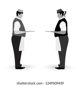 Waiter flat gray icon standing left and right side with a dish tray in hand isolated on white background