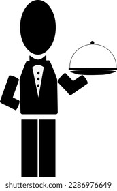 waiter in a flat style isolated on white background. The waiter holds the order with one hand. Man in the uniform of a waiter. Minimalist and simple vector design for restaurant,cafetaria label. 