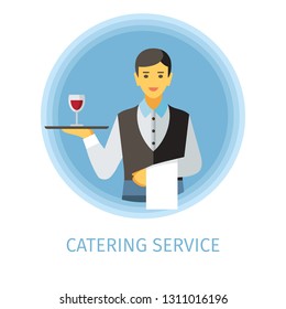 Waiter flat vector character. Catering service cartoon illustration. Man holding serving tray with glass of wine, napkin. Butler, servant clipart. Cafe, restaurant, bar isolated design element