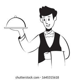 Ilustración vectorial plana del camarero en blanco y negro para su ilustración, afiche, volante, banner, tarjeta de visita, tarjeta de invitación, aplicación, diseño web, etc