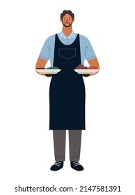 waiter with food in dishes character