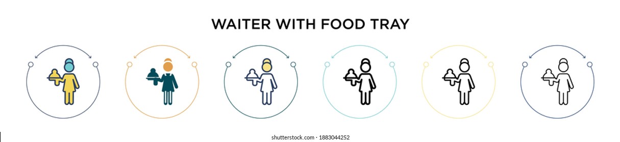 Waiter with food tray icon in filled, thin line, outline and stroke style. Vector illustration of two colored and black waiter with food tray vector icons designs can be used for mobile, ui, web