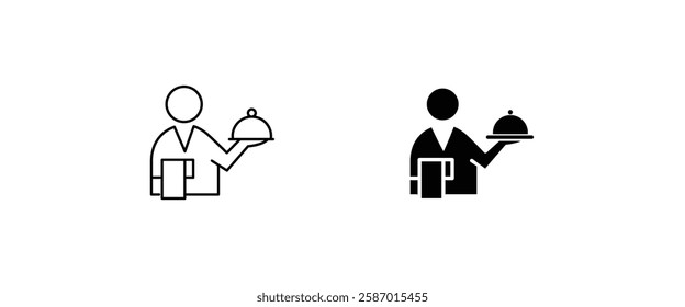 Waiter with food tray icon, Hand tray icons, Restaurant line icon, outline vector sign, linear pictogram style isolated on white. Food occasions symbol