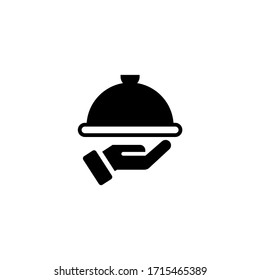 Waiter with food tray vector icon in black solid flat design icon isolated on white background