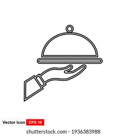 Waiter with food tray vector icon in linear, outline icon isolated on white background
