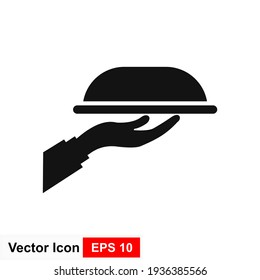 Waiter With Food Tray Vector Icon In Black Solid Flat Design Icon Isolated On White Background